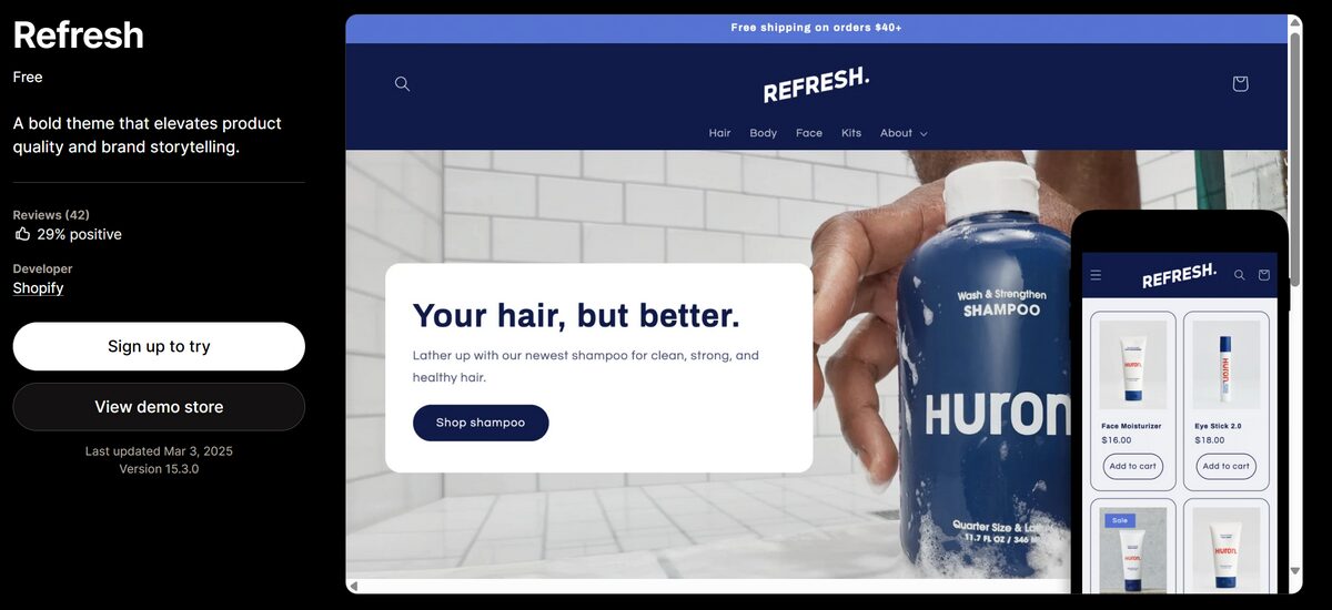 Best free Shopify theme for beauty product Refresh