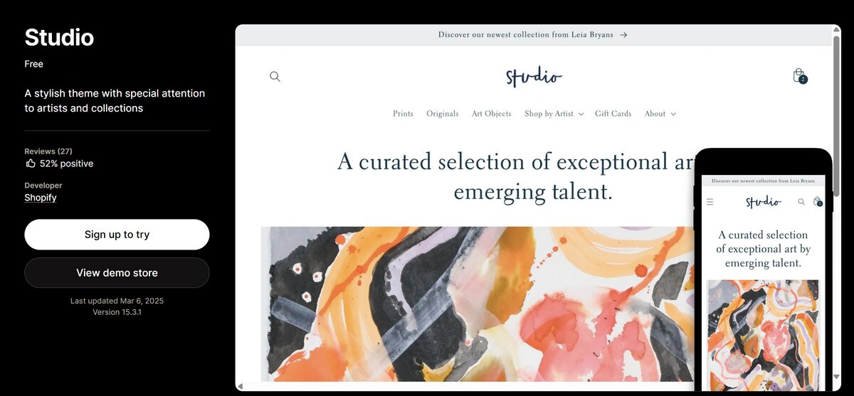 Best free Shopify theme Studio perfect for artists and creatives