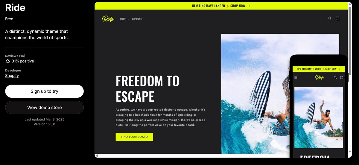 Best free Shopify theme - Ride