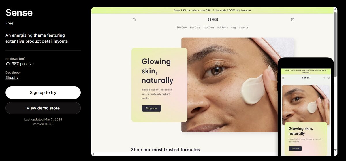 Sense is the best free Shopify theme for beauty and wellness products