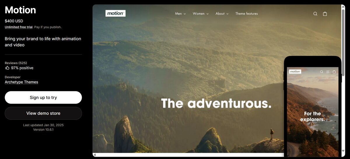 Most popular Shopify theme for animated storytelling Motion