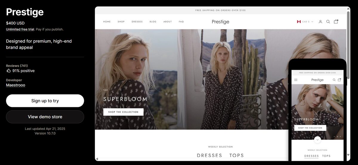 Most popular Shopify theme for luxury brands Prestige