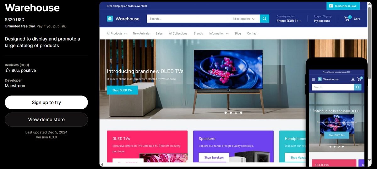 Best paid Shopify theme Warehouse good for discount stores and large invetories