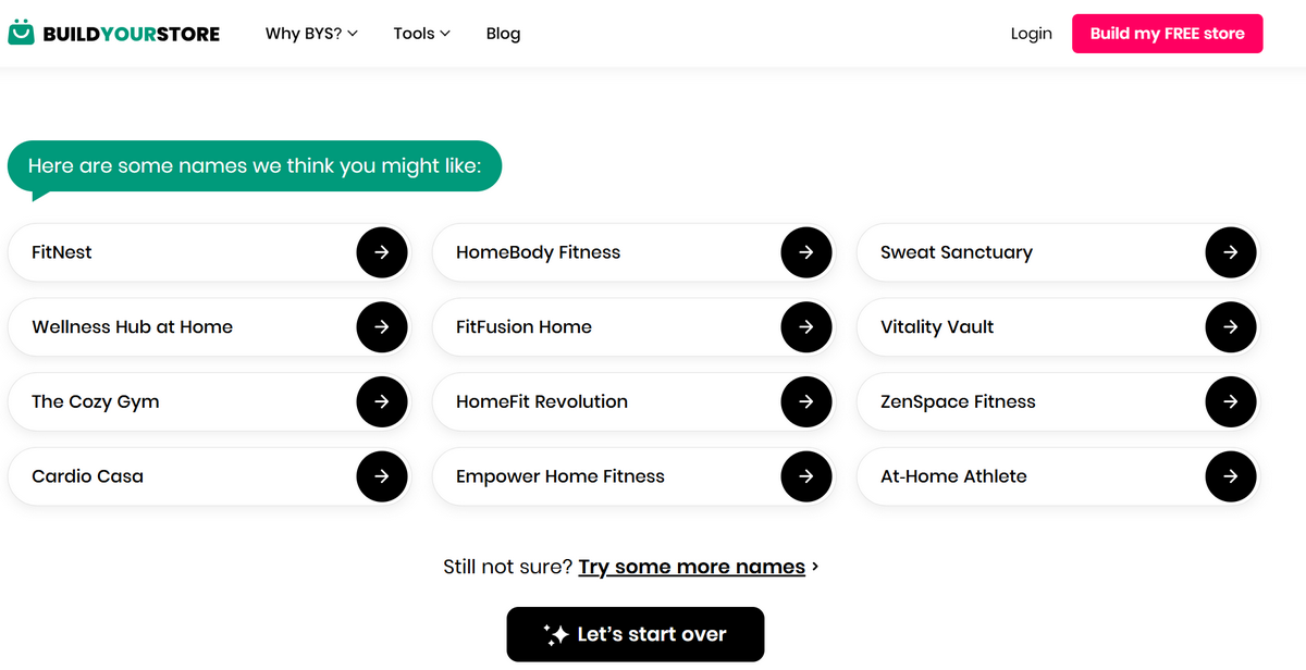 BYS AI Store Name Generator Options