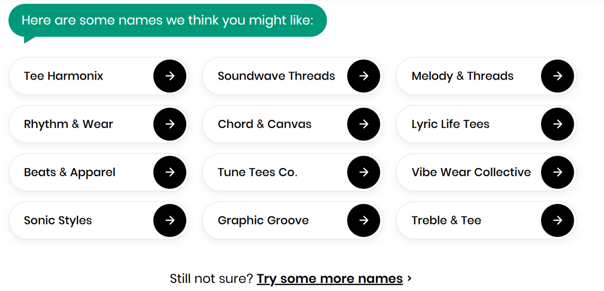 Name results of Build Your Store Shopify AI Name Generator