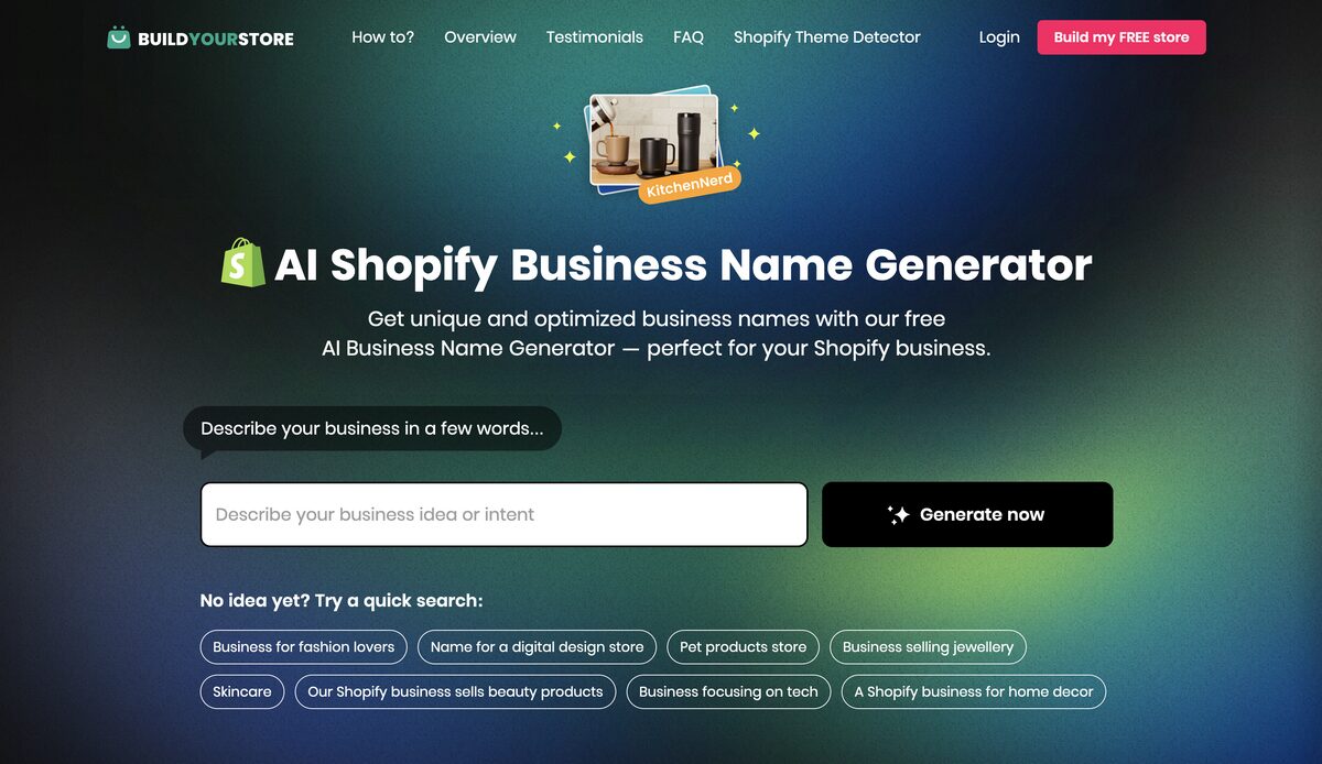 Homepage of Build Your Store's Shopify Business Name Generator
