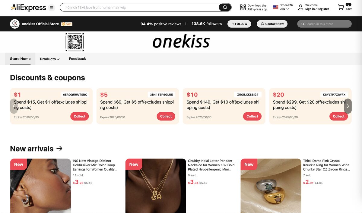 Onekiss as an example for a jewelry dropshipping store name