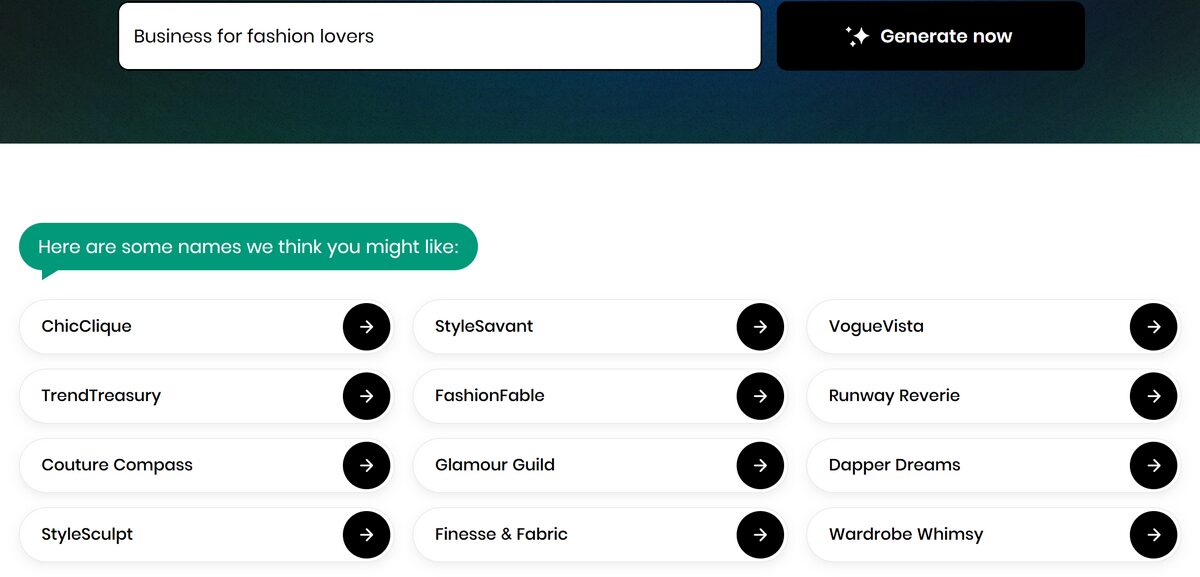 BYS AI Business Name Generator examples for fashion niche