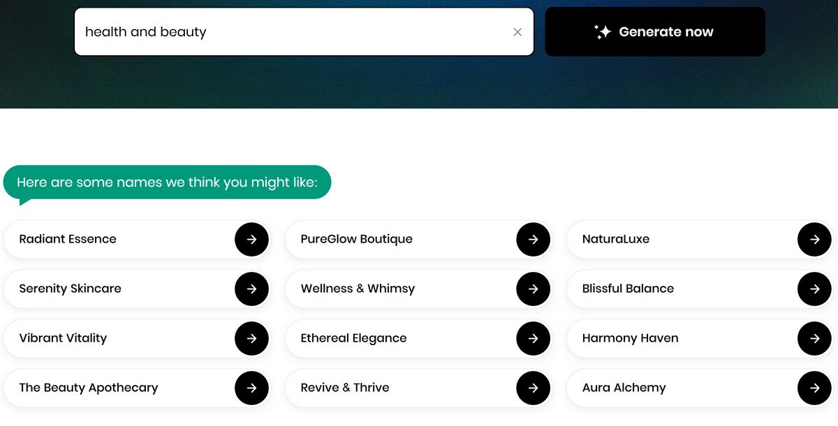 BYS AI Business Name Generator examples for health & beauty niche