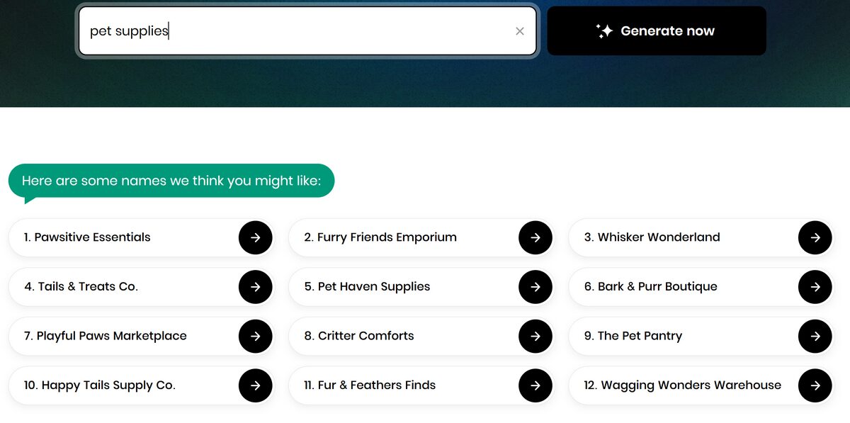 BYS AI Business Name Generator examples for pet supplies niche