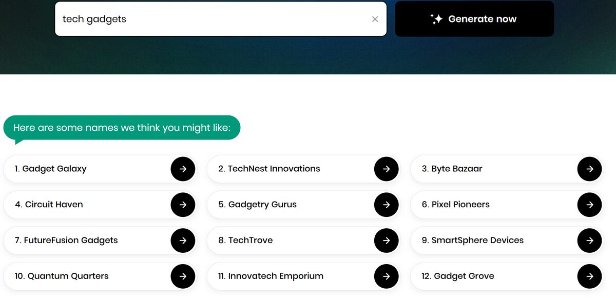 BYS AI Business Name Generator examples for tech gadgets niche