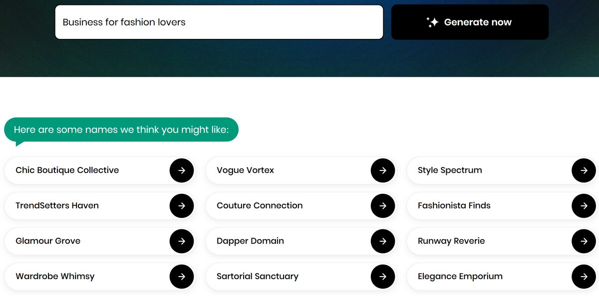 Business names generated by BYS Shopify Business Name Generator for a fashion store