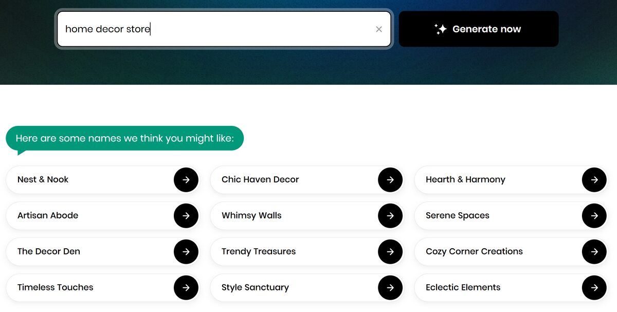 Business names generated by BYS Shopify Business Name Generator for a home decor store