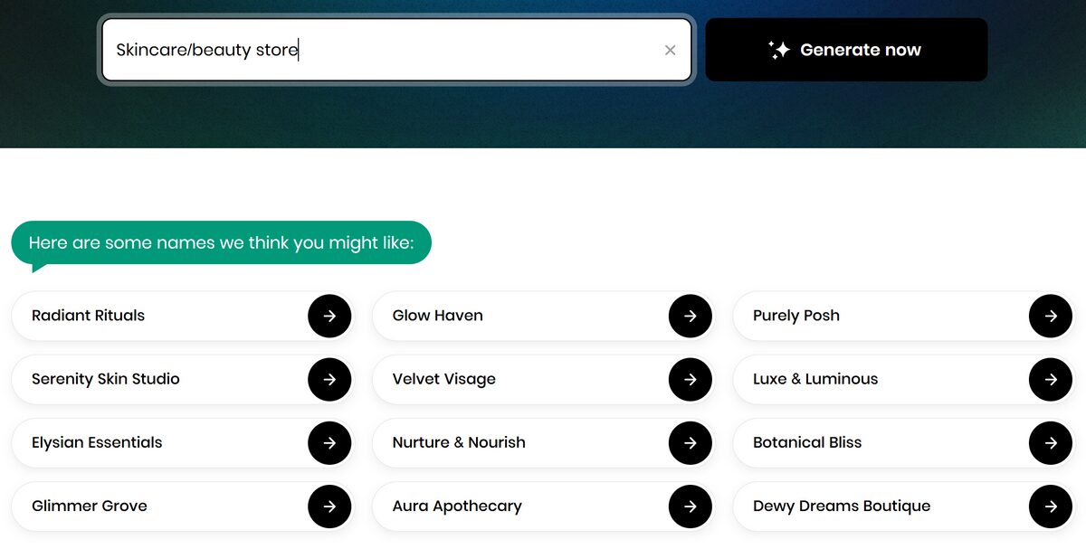 Business names generated by BYS Shopify Business Name Generator for a skincare and beauty store