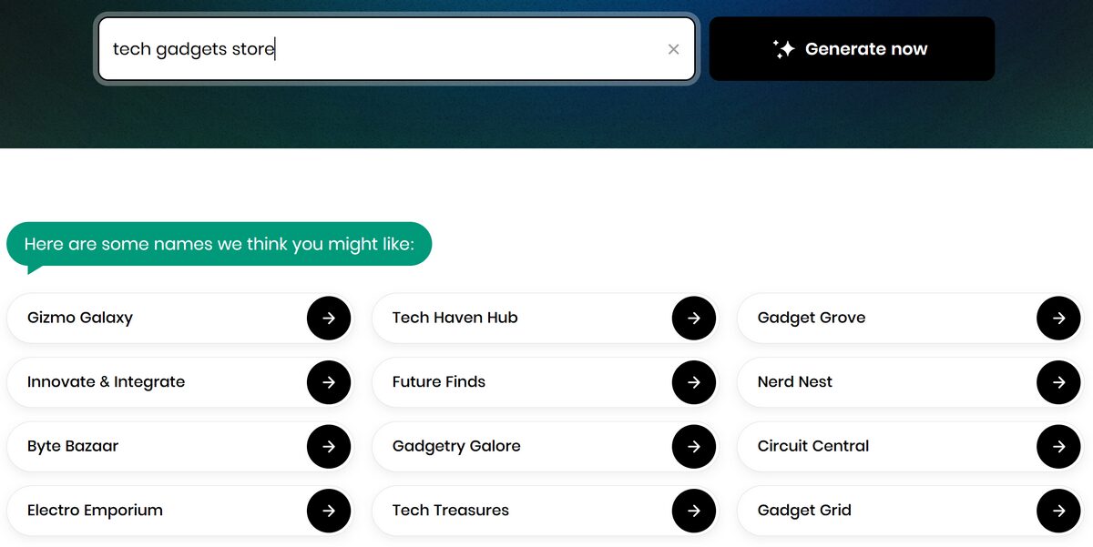 Business names generated by BYS Shopify Business Name Generator for a tech gadgets store