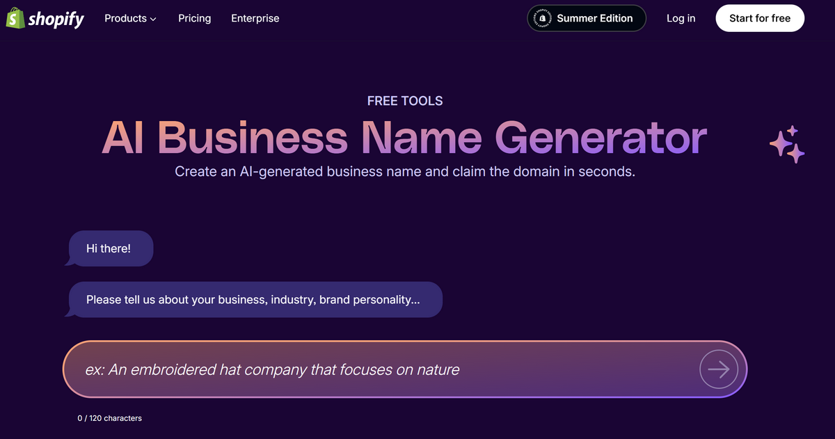 Shopify Native AI business name generator