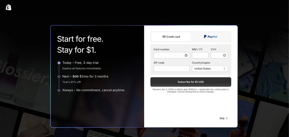 Shopify's registration page