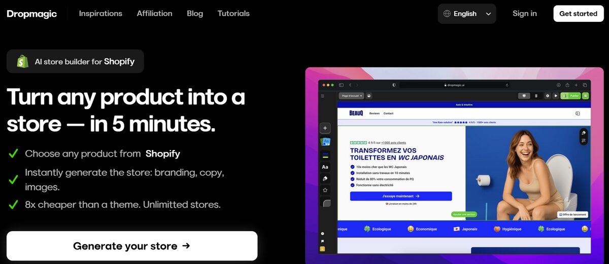 AI Shopify store builder of Dropmagic