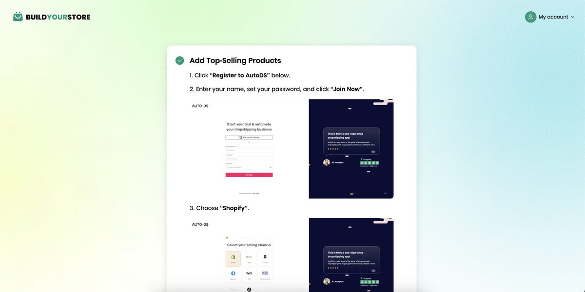 Connect AutoDS to BuildYourStore to start a Shopify store
