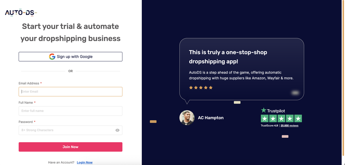 Create an AutoDS account to start a Shopify store