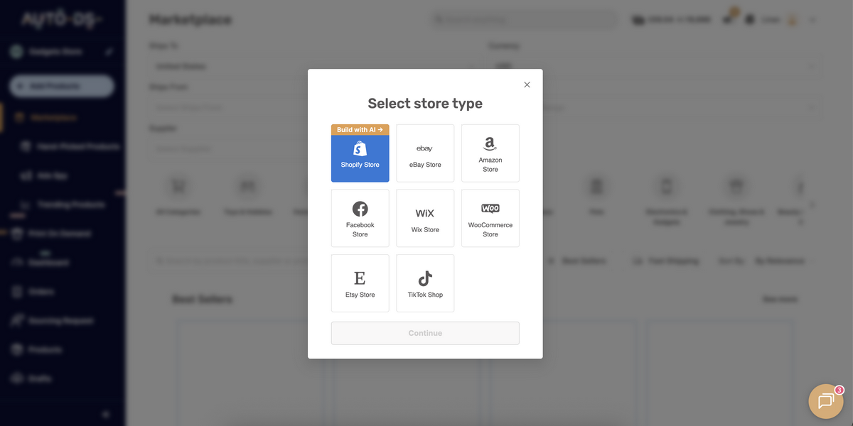 Add a store on AutoDS to start a Shopify store