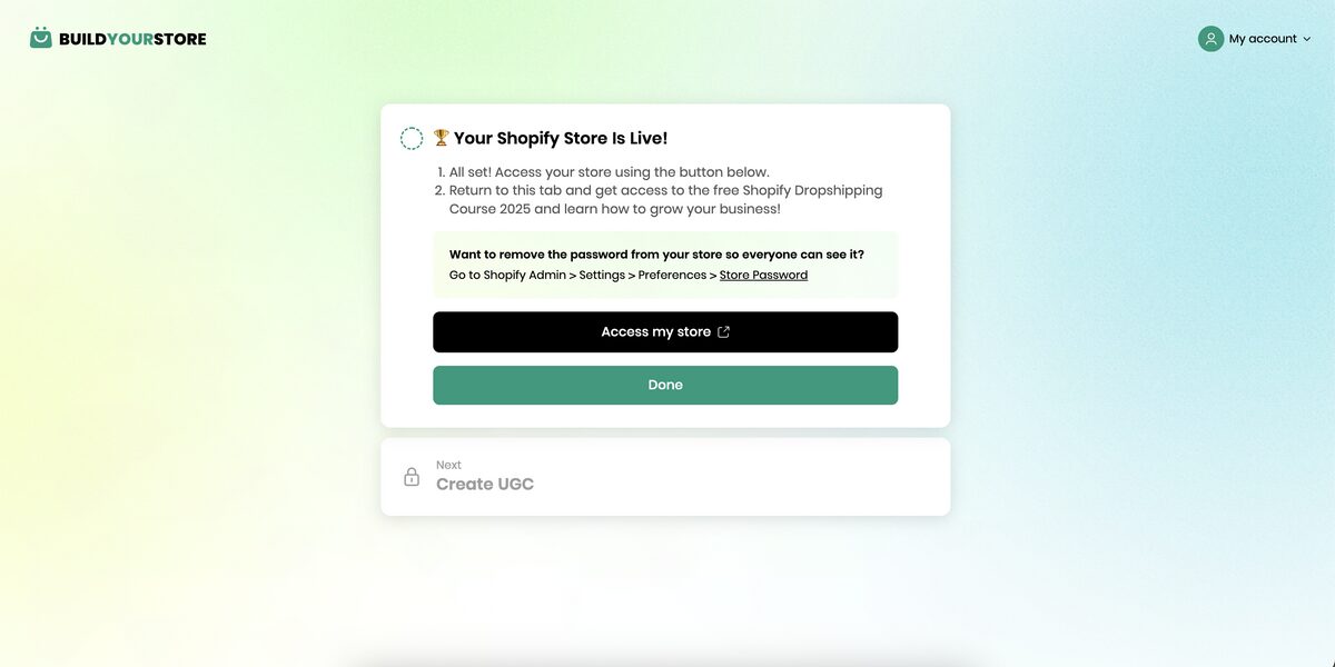 Live Shopify store on BuildYourStore
