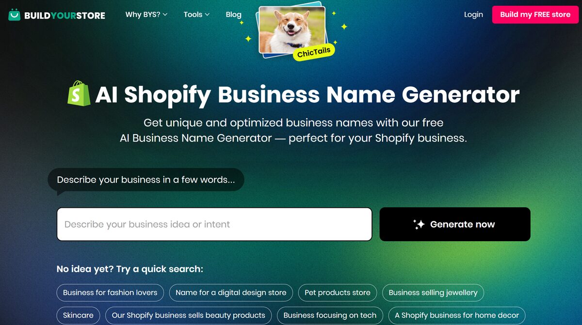 BuildYourStore.ai Shopify business name generator