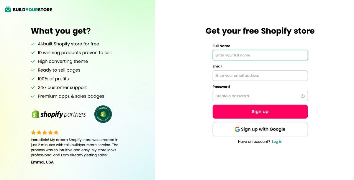 BuildYourStore registration page