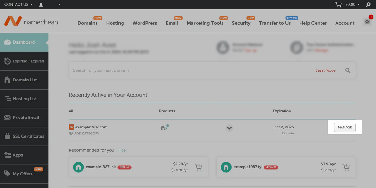 Manually connect Namecheap to Shopify