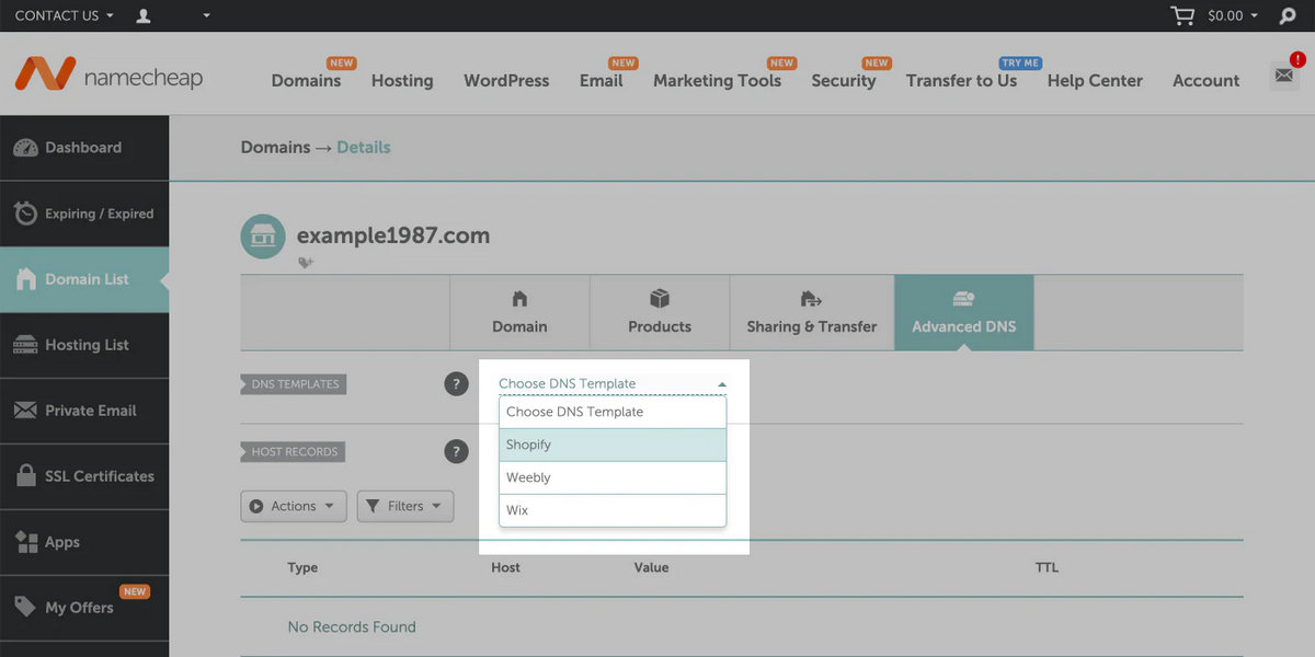 Manually connect Namecheap to Shopify
