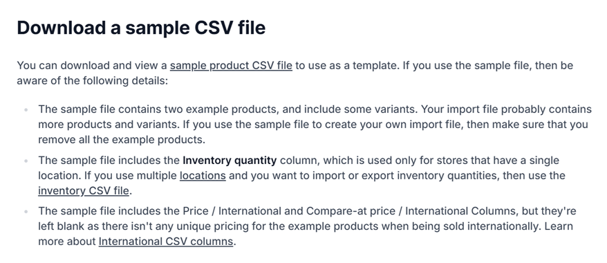 CSV Shopify sample template download to import jewelry dropshipping catalog