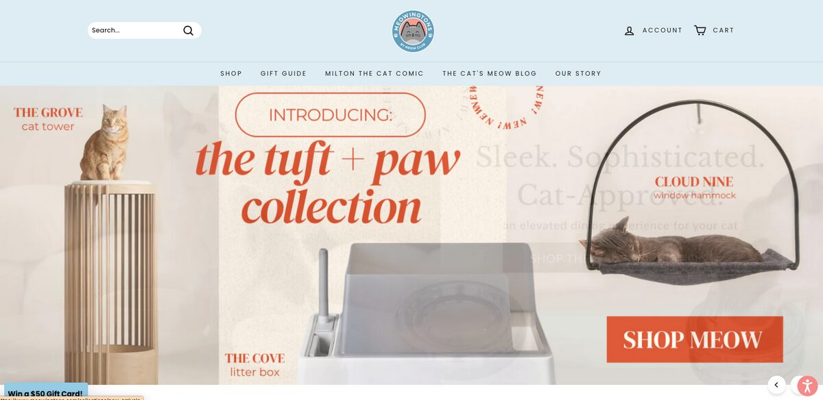 Meowingtons, one of the best Shopify pet dropshipping store examples