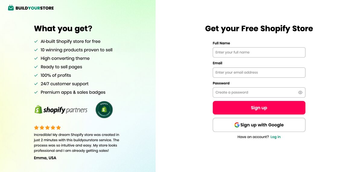Register to BuildYourStore for Shopify dropshipping with AliExpress