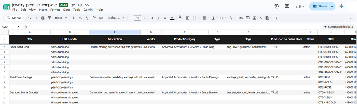 CSV Shopify Google Sheet template to import jewelry dropshipping catalog