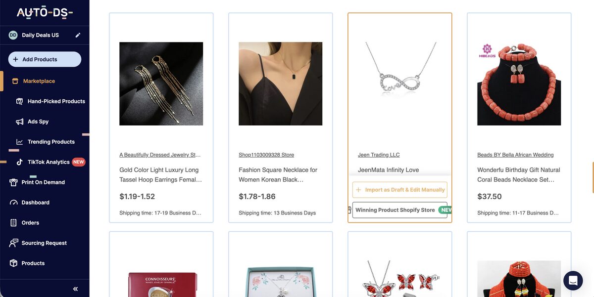 AutoDS Marketplace to source jewelry products