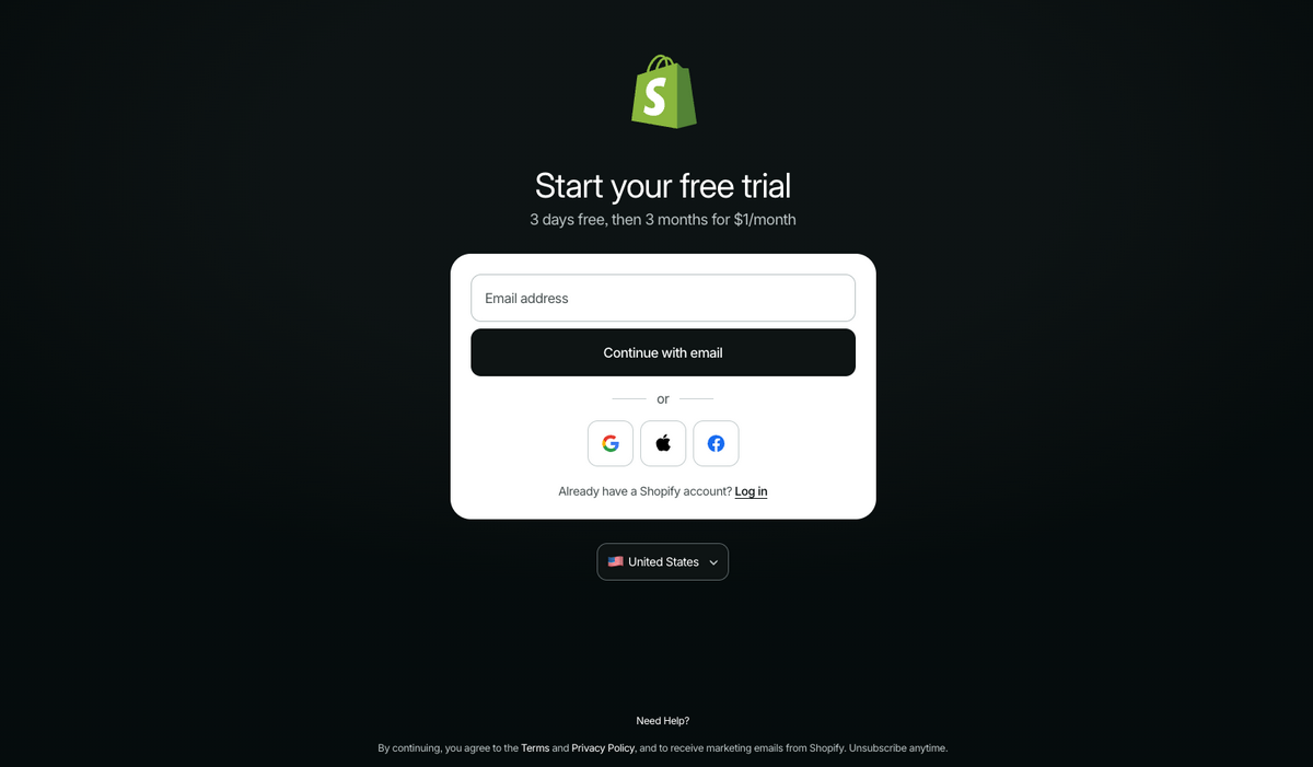 Create an account on Shopify
