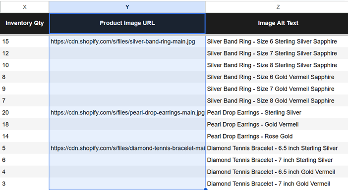 CSV Shopify Google Sheet template Product ULR column