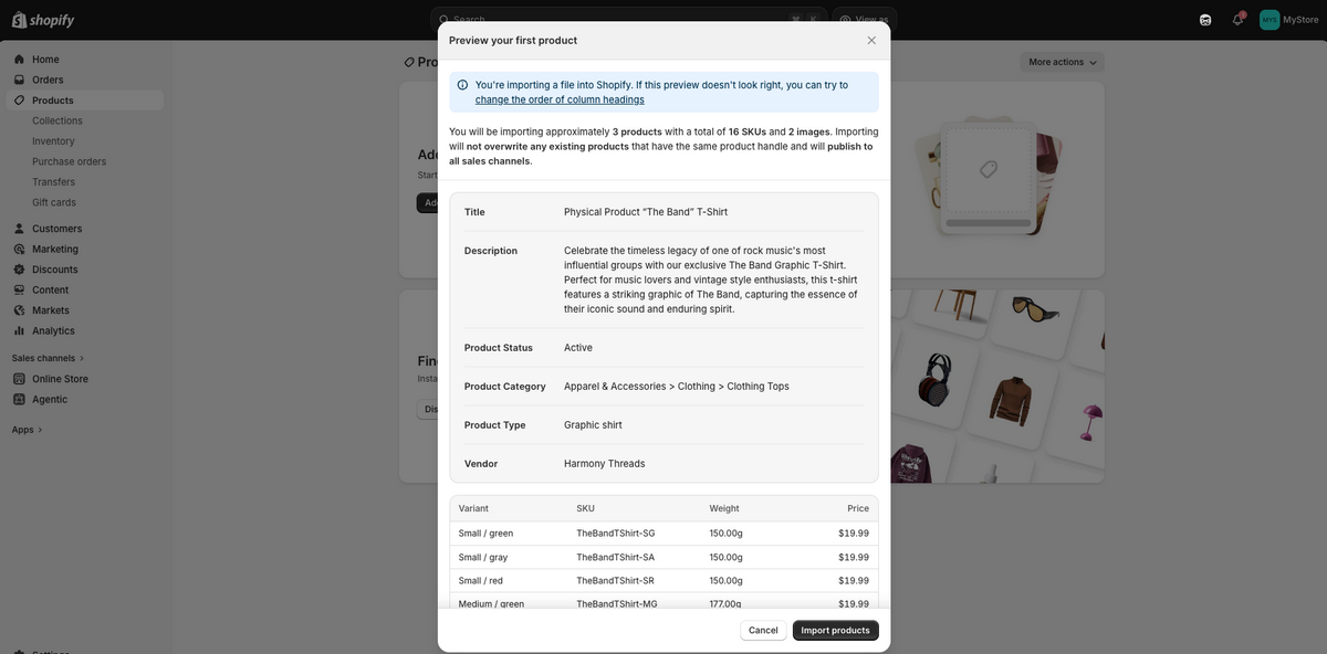 Review and confirm CSV file on Shopify
