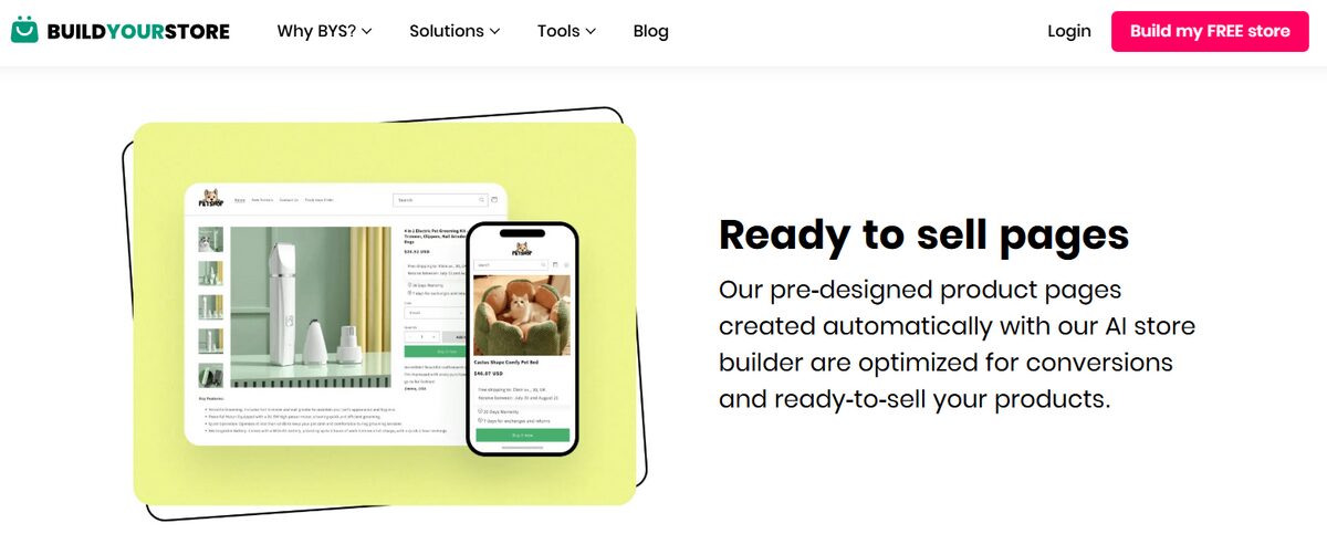 BuildYourStore AI store Shopify builder ready to sell pages