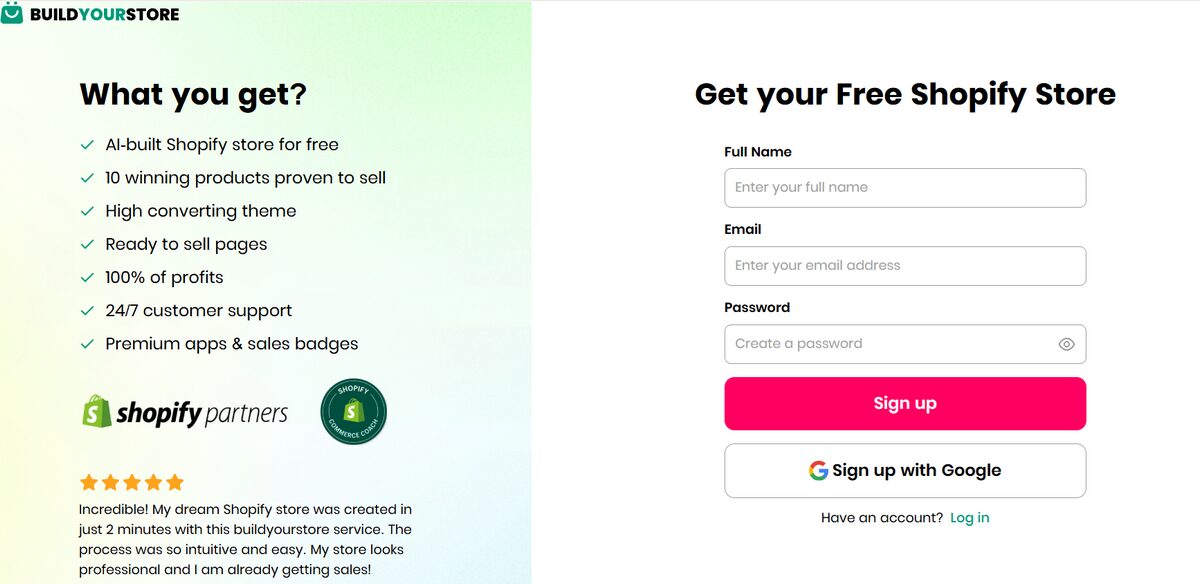 BuildYourStore registration form to start AI dropshipping Sgopify store