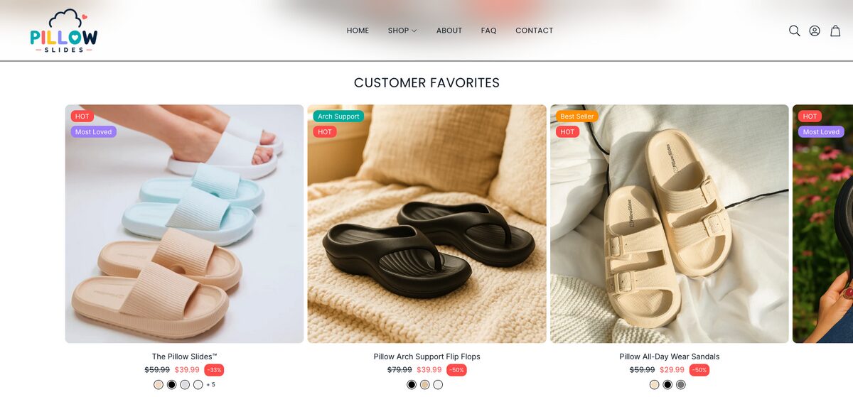 Pillow Slides, one of the best Shopify dropshipping store examples