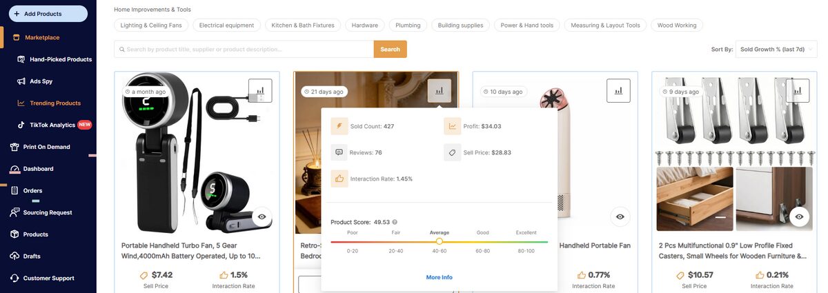 AutoDS marketplace trending section feature for AI research dropshipping
