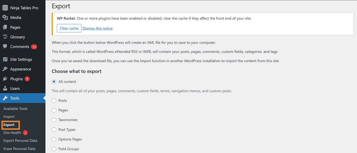 WordPress export tool feature to migrate blog content to Shopify