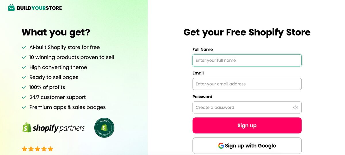 BYS sets up your shopify store for free