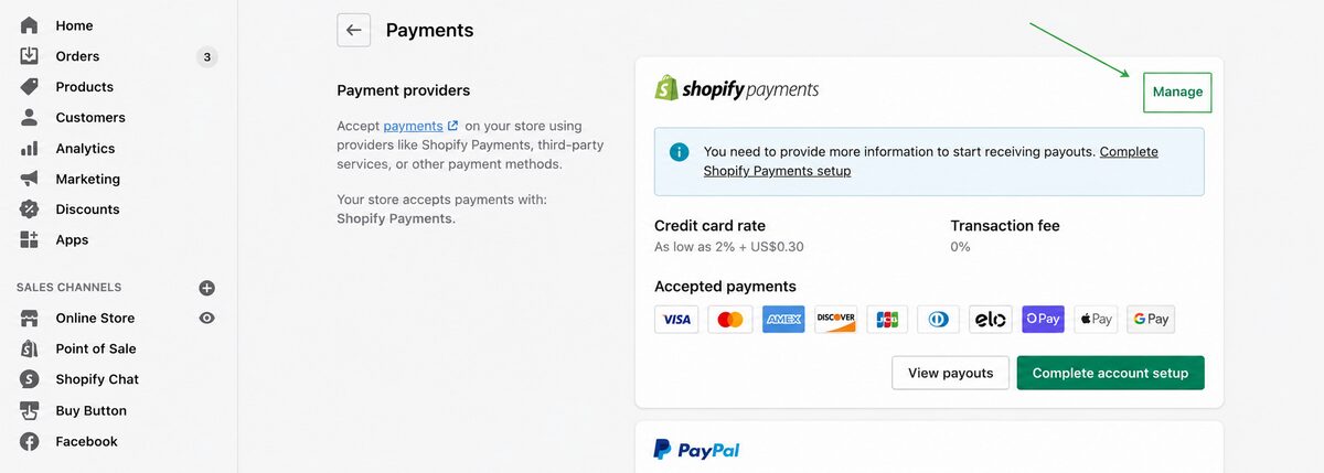 Enable Shopify Payments Test Mode