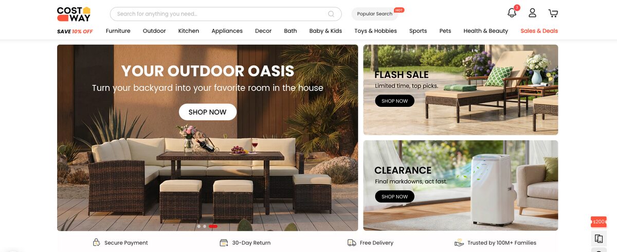 Costway, one of the best free dropshipping suppliers for Shopify in 2026