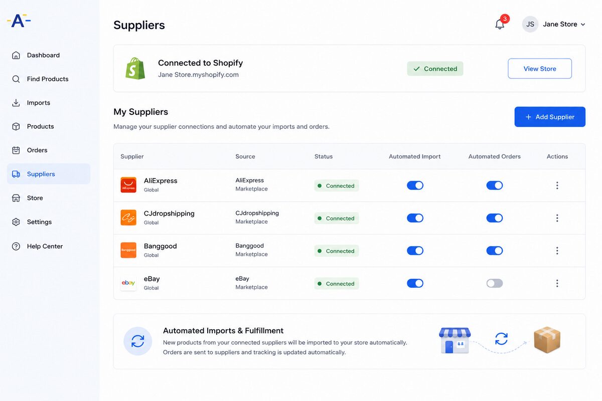 Connect a supplier and import products for Australia dropshipping