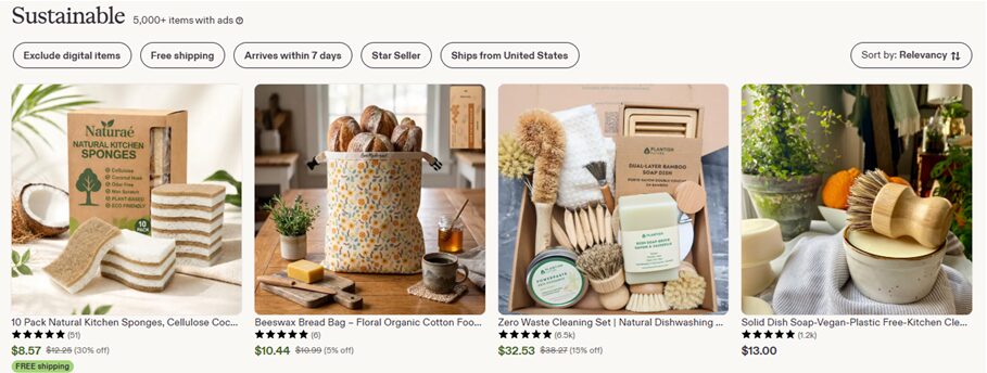 Sustainable and eco-friendly products listed on Etsy as a niche profitable for Shopify