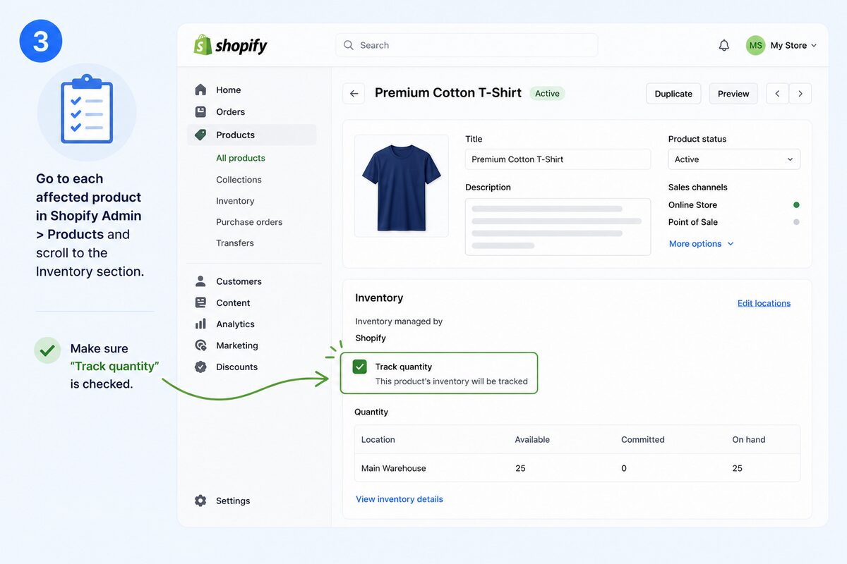 Verify inventory tracking settings per product in Shopify