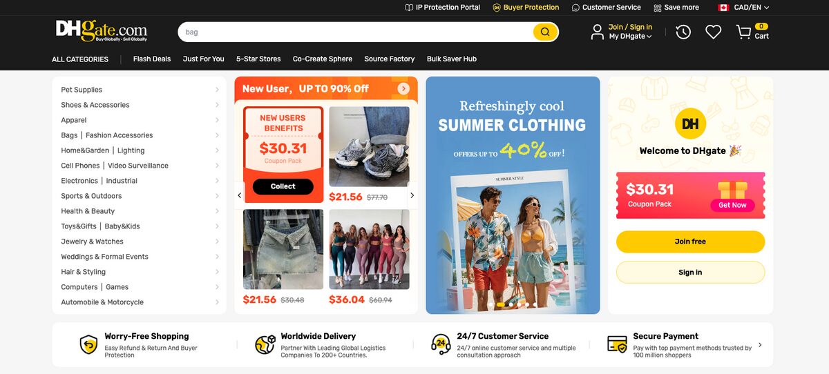 DHGate, one of the best free dropshipping suppliers for Shopify in 2026